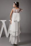Ivory beaded high-low ruffled prom dress, back view
