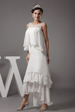 Ivory beaded high-low ruffled prom dress, side view