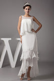 Ivory beaded high-low ruffled prom dress, front view