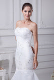 White mermaid strapless bridal wedding embroidered dress, full length view