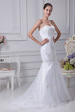 White mermaid strapless bridal wedding embroidered dress, side view