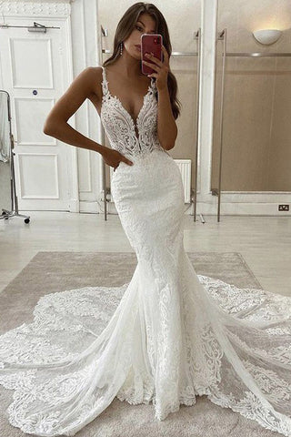 White Applique Lace Mermaid Wedding Dress