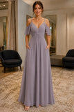 Cold-Shoulder V-Neck Pockets Backless Prom Bridesmaid Dress - front