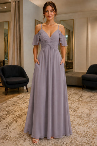Cold-Shoulder V-Neck Pockets Backless Prom Bridesmaid Dress - front