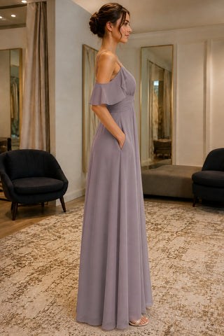 Cold-Shoulder V-Neck Pockets Backless Prom Bridesmaid Dress - side