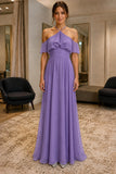 Lavender Spaghetti Straps Ruffle Off-the-shoulder Prom Dress - front