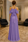 Lavender Spaghetti Straps Ruffle Off-the-shoulder Prom Dress - back