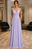 Lavender Spaghetti-Strap Chiffon Pockets Prom Bridesmaid Dress - front