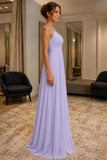 Lavender Spaghetti-Strap Chiffon Pockets Prom Bridesmaid Dress - side