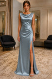 High Slit Cowl-Neck Backless Prom Formal Dress - front