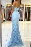 Light Sky Blue Sexy Lace Thigh-high Slit Mermaid Prom Dress