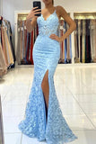 Light Sky Blue Sexy Lace Thigh-high Slit Mermaid Prom Dress