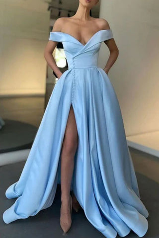 Light Sky Blue Off-the-shoulder High Slit Satin Formal Dress