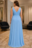 Light Sky Blue V-Neck Chiffon Prom Bridesmaid Dress - back