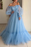 Light Sky Blue Off The Shoulder Ruffled Long Sleeves Ball Gown Dresses