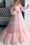 Light Sky Blue Off The Shoulder Ruffled Long Sleeves Ball Gown Dresses