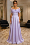 Lilac Off-Shoulder Pleated Prom Bridesmaid Dress - front