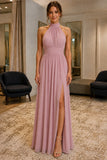 Mauve Bow-Back Thigh-high Slit Sleeveless Prom Bridesmaid Dress - front