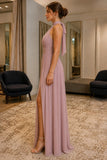 Mauve Bow-Back Thigh-high Slit Sleeveless Prom Bridesmaid Dress - side