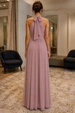 Mauve Bow-Back Thigh-high Slit Sleeveless Prom Bridesmaid Dress - back