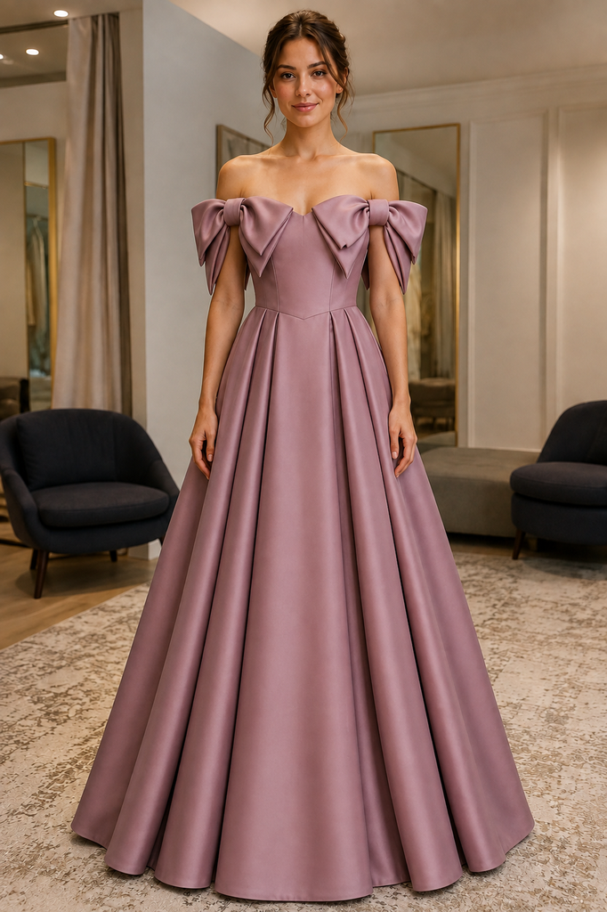Mauve Off-the-Shoulder Bow A-Line Floor-Length Prom Dress - view 1