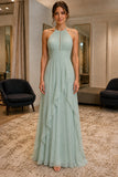 Mint Cascade-Ruffle Cut Out Chiffon Prom Dress - front