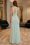Mint Cascade-Ruffle Cut Out Chiffon Prom Dress - back