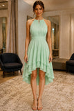 Mint Halter High-Low Ruffle Chiffon Cocktail Bridesmaid Dress - front