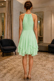 Mint Halter High-Low Ruffle Chiffon Cocktail Bridesmaid Dress - back