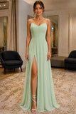 Sage Spaghetti-Strap High Slit Chiffon Prom Bridesmaid Dress - front