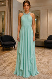 Mint Beaded Ruffled Cascade Chiffon Prom Bridesmaid Dress - front