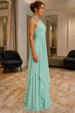 Mint Beaded Ruffled Cascade Chiffon Prom Bridesmaid Dress - side