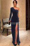 One-shoulder Thigh-high Slit Long Sleeve Prom Dress