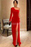 One-shoulder Thigh-high Slit Long Sleeve Prom Dress