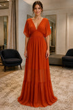 Brick Red Flutter-Sleeve Tiered Chiffon Prom Bridesmaid Dress - front