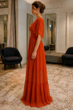 Brick Red Flutter-Sleeve Tiered Chiffon Prom Bridesmaid Dress - side