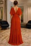 Brick Red Flutter-Sleeve Tiered Chiffon Prom Bridesmaid Dress - back