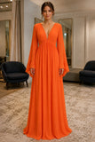 Orange Long-Sleeve V-Neck Chiffon Prom Evening Dress - front