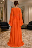 Orange Long-Sleeve V-Neck Chiffon Prom Evening Dress - back