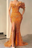 Orange One-shoulder Thigh-high Slit Sparkly Formal Dress