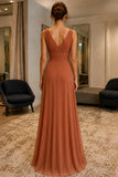 Pleated V-Neck Sleeveless Chiffon Prom Bridesmaid Dress - back