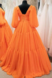 Orange Deep V-neck Puffy Sleeves Ruffled Formal Gown