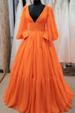 Orange Deep V-neck Puffy Sleeves Ruffled Formal Gown