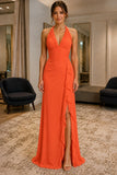 Orange Ruffled Slit Backless Deep V-neck Prom Dress - front