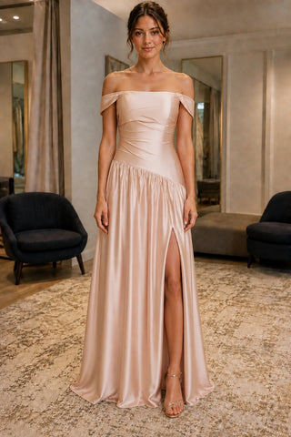 Peach Pink Asymmetric-Waist Off-Shoulder Prom Dress - front