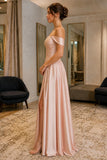 Peach Pink Asymmetric-Waist Off-Shoulder Prom Dress - side