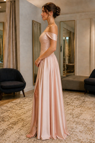 Peach Pink Asymmetric-Waist Off-Shoulder Prom Dress - side