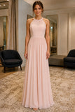 Pearl Pink Keyhole-Back Sleeveless Chiffon Prom Bridesmaid Dress - front