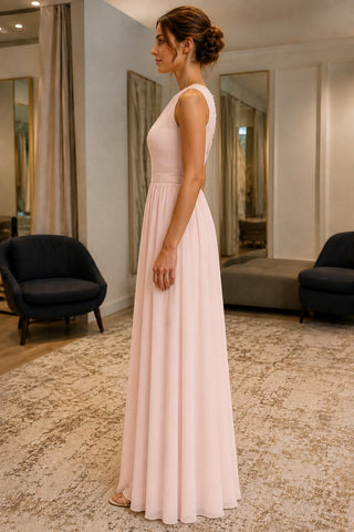 Pearl Pink Keyhole-Back Sleeveless Chiffon Prom Bridesmaid Dress - side