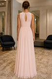 Pearl Pink Keyhole-Back Sleeveless Chiffon Prom Bridesmaid Dress - back